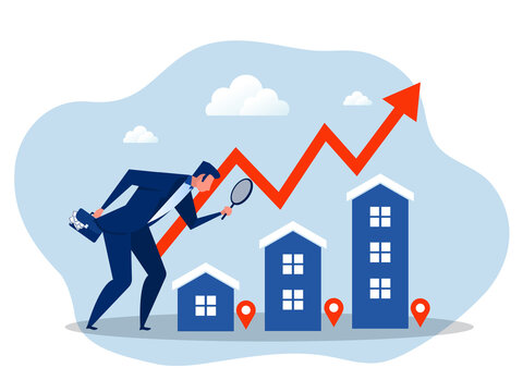 Businessman Investor With Telescope  For Real Estate And Housing Investment Opportunity, Property Growth Forecast Or Vision, Price Rising Up Concept Vector