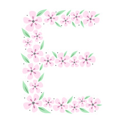 Obraz na płótnie Canvas Floral botanical alphabet. Vintage hand drawn monogram letter E. Letter with plants and flowers. Vector lettering isolated on white