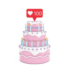 Cartoon Dessert Tiered Cake with Candles and Social Media Network Love and Like Heart Icon with One Hundred Followers Sign. 3d Rendering