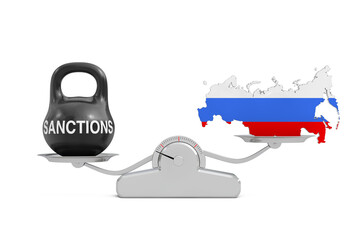  Black Iron Kettlebell with Sanctions Sign and Russian Flag Maps Balancing on a Simple Weighting Scale. 3d Rendering