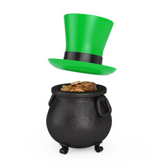 Elf Green Hat over Iron Cauldron Pot full of Golden Coins. 3d Rendering