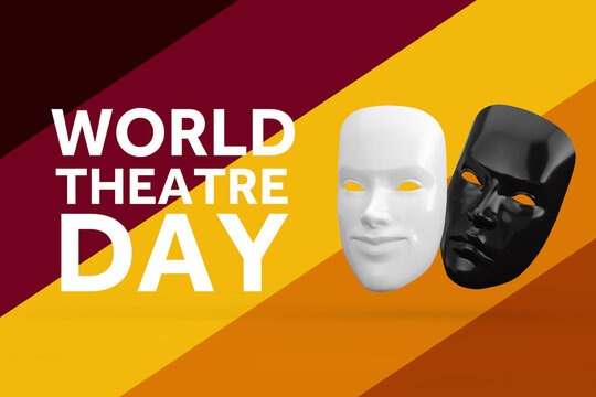 World Theatre Day Concept. White Smiling Comedy and Black Sad Drama Grotesque Theatre Mask with World Theatre Day Sign. 3d Rendering