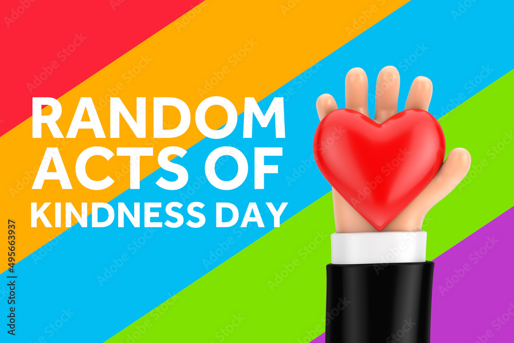 Aufkleber random acts of kindness day concept. cartoon hand holding red heart and random acts of kindness day 