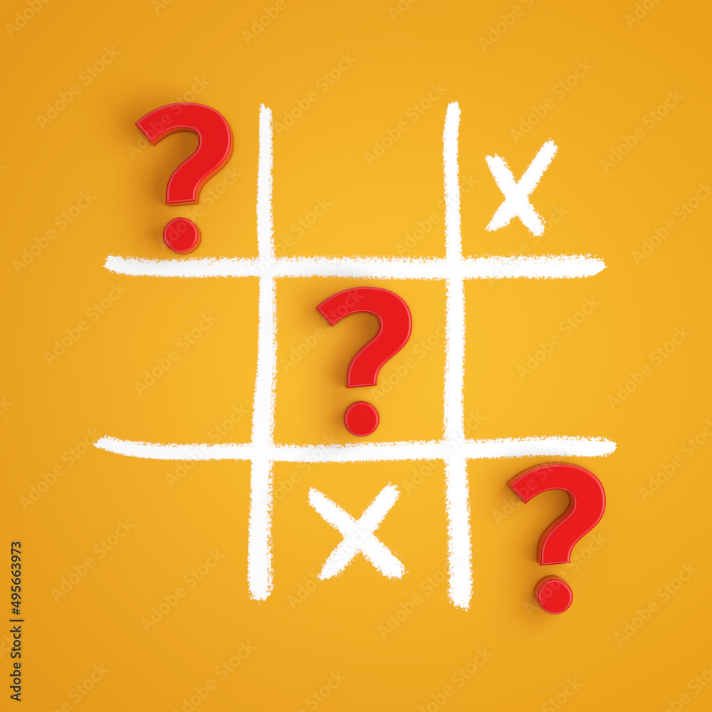 Fototapete red question marks in tic tac toe game. 3d rendering