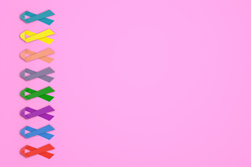 World Cancer Day Concept. Row of Color Breast Cancer Ribbons. 3d Rendering