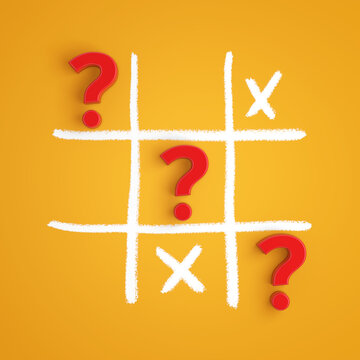 Red Question Marks In Tic Tac Toe Game. 3d Rendering