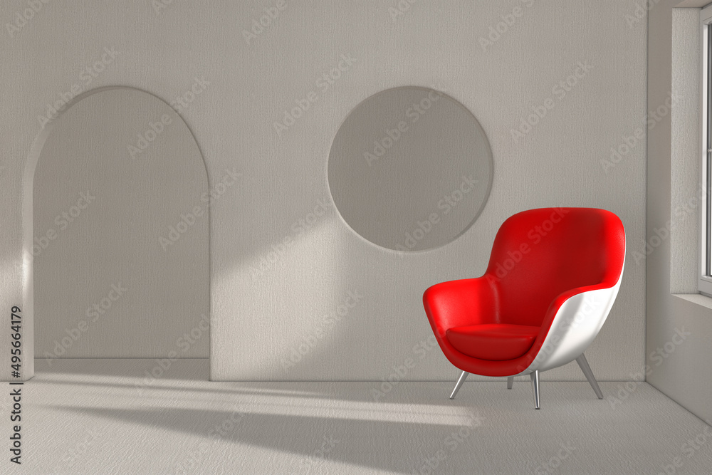 Poster Red Modern Leather Oval Shape Relax Chair in Abstract Empty Room. 3d Rendering