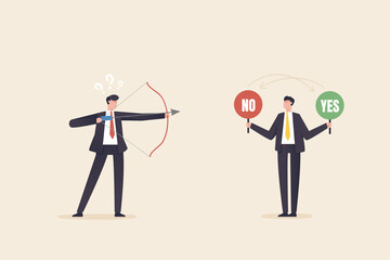 YES or NO, Right or wrong business decisions, true or false, right and wrong, alternative concept..Businessman aiming arrow at Yes or No word.