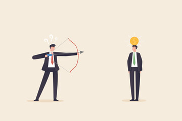 Business risk concept. Investment risk, gambling, uncertainty, possibility of losing money. Man aiming arrow at apple on another mans head