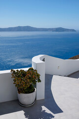 Panoramic view of the Aegean Sea  from a rooftop decorated with flower pots in Santorini
