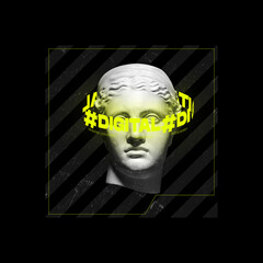 Contemporary art collage with antique statue head and neon lettering around isolated over black...