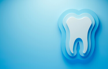 White tooth on a blue background. Banner with space for text. 3d render