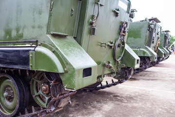 Military tank wheel close up detail.