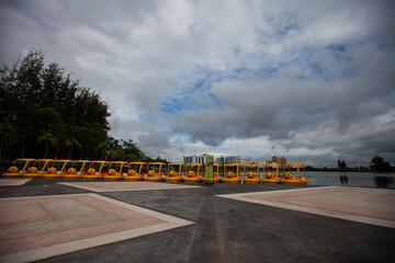 Yellow duck Pedal boat  in park.