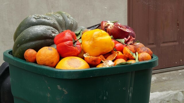 Food Waste in Grocery Store Retail. Discarded unsold damaged fruits and vegetables in packages. Food produced is wasted