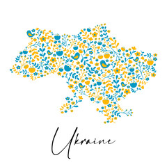 Fototapeta premium Floral map card. Cute flowers arranged un a shape of the map in colors of Ukraine flag