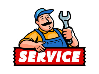 Repairman with wrench logo. Emblem for service repair. Funny mechanic technician cartoon character vector illustration