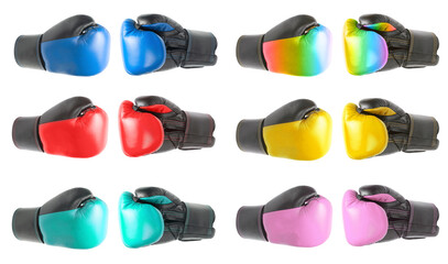 Set of colored boxing gloves isolated on a white background