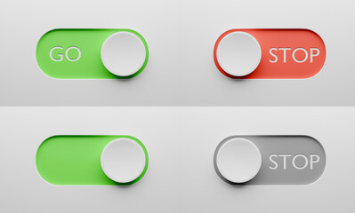 GO and STOP toggle switch buttons set. Switch design for app or website. 3d render