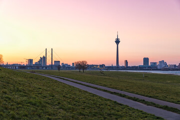 Düsseldorf at sunrise, view from Oberkassel to Friedrichstadt and MedienHafen quarters
