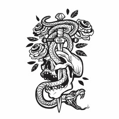 vintage tattoo of a skull in which a dagger is stuck and a snake wraps around a background of roses, logo, isolated object on a white background, vector,
