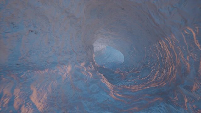 Traveling Slowly Through An Ice Cave With The Sun's Shadows Bouncing Off The Walls While Exiting Onto A Beautiful Ocean Scene.