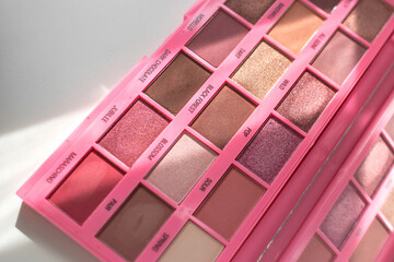 Palette of shadows. Decorative cosmetics. Pastel palette of eye shadows. The beauty of the eyes. Nude makeup. Matte and shiny shades of brown. Women's happiness.