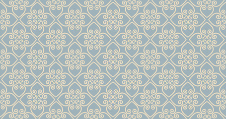 Abstract seamless pattern. Arabic line ornament with geometric shapes. Linear floral ornamental texture. Artistic backdrop in arab orient textile style.