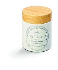 White cylindrical food container, with wood lid, for oregano, isolated