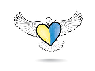 Symbol of peace dove with heart in colors of Ukrainian flag. Stay with peace icon. The concept of no war, peace in Ukraine.