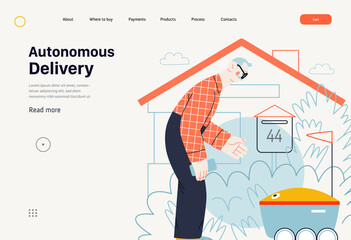 Obraz premium Technology Memphis - autonomous delivery -modern flat vector concept digital illustration of an elderly man inviting a last mile robot delivery truck. Creative landing web page template