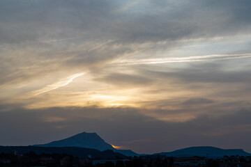 Sainte Victoire mountain in the light of a cloudy spring morning