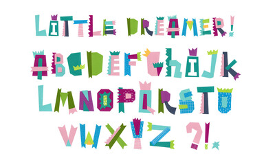 Creative funny kids font. Set of english alphabet . Paper cut style. Unique design. Vector Illustration.	