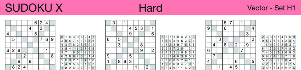 A set of 3 hard scalable sudoku X puzzles suitable for kids, adults and seniors and ready for web use, or to be compiled into a standard or large print paperback activity book.