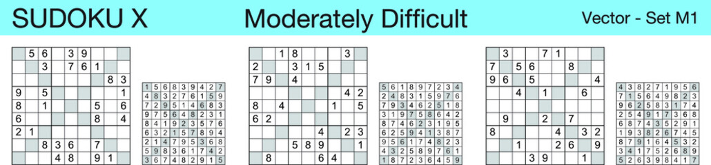 A set of 3 moderately difficult scalable sudoku X puzzles suitable for kids, adults and seniors and ready for web use, or to be compiled into a standard or large print paperback activity book.