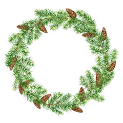 Fototapeta na wymiar Pine wreath with branchs, pine cones and lights, Watercolor Christmas Wreath