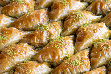 Pistachio sobiyet baklava. Traditional turkish cuisine desserts. Sherbet dessert. Close up