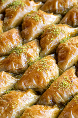 Pistachio sobiyet baklava. Traditional turkish cuisine desserts. Sherbet dessert. Close up