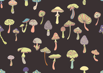 Magic mushrooms seamless pattern. Psychedelic hallucination. 60s hippie retro art. Vintage psychedelic textile, fabric, wrapping paper, wallpaper. Vector repeating illustration.