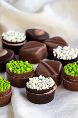 Assorted chocolates on a white background. assorted chocolate pralines. close up