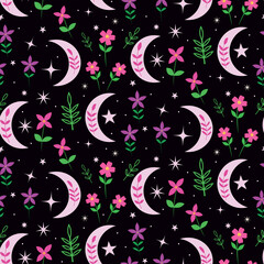 Floral boho moon seamless pattern with pink and purple flowers, leaves and stars. For home décor, textile , wrapping paper and fabric 
