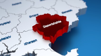 Stylish 3D map of Ukraine with Zaporizhzhia region at focus highlighted in red