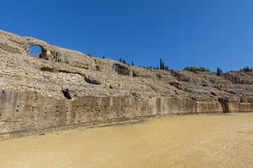 The grandstand around the amphitheater of Italica, an archaeological site at the outskirts of...