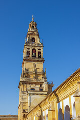 Fototapeta na wymiar Looking up at the spire of Cordoba's cathedral, seen from the side of the building