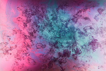 Fototapeta na wymiar Lilac smoke on black ink background, colorful pink fog, abstract swirling touch ocean sea, azure acrylic pigment paint underwater