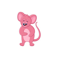 Adorable pink mouse cartoon character laughing sticker. Happy comic rat smiling flat vector illustration isolated on white background. Emotions, animals concept
