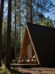 Holiday home in the woods, green cabin, holiday destinations concept.