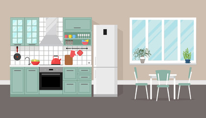 Kitchen interior with dining area, flat style, vector graphic design template