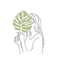 Abstract woman portrait, monstera leaf. Trendy illustration in minimalistic style.
