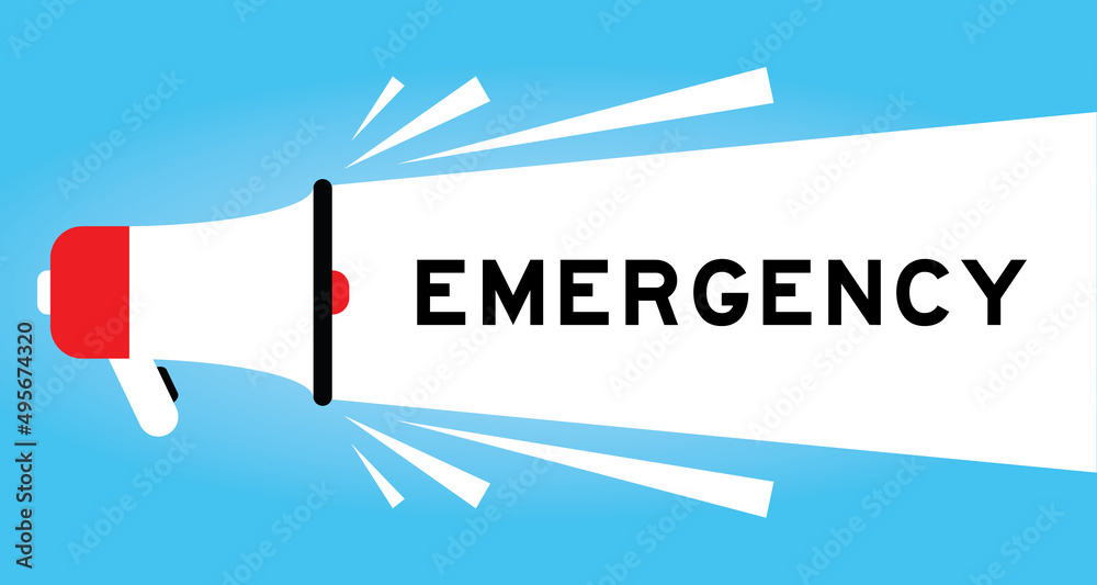 Sticker Color megphone icon with word emergency in white banner on blue background